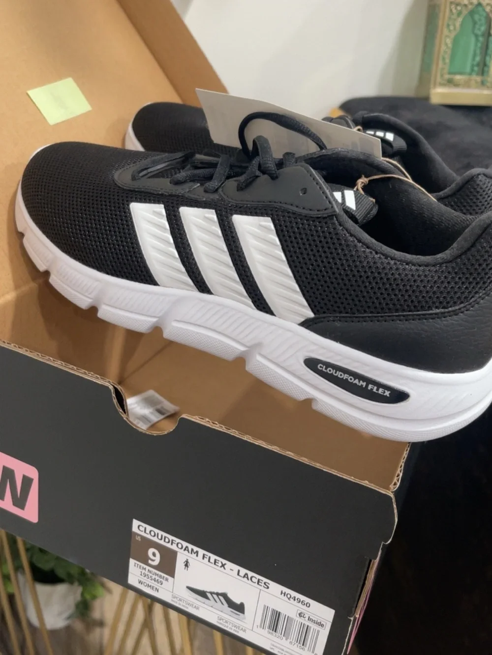 adidas Black Knit Running Shoe with White Stripes and Pink Heel Tab